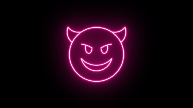 Neon devil emoji icon, flickering emergence and fading. Glowing neon demon emoticon, looped animation. Devil emoji with grin face, mockery emoticon, cute demon icon. Red pink magenta colors