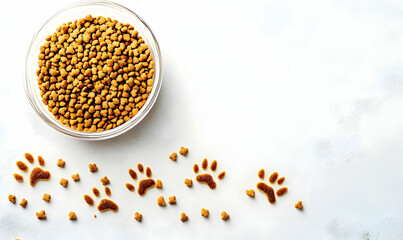 Pet food in bowl with paw prints on white background