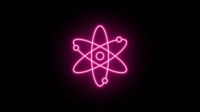 Neon atom icon, flickering emergence and fading. Glowing neon atom model icon, looped animation. Atomic core structure, nuclear energy, science research, education. Red pink magenta colors