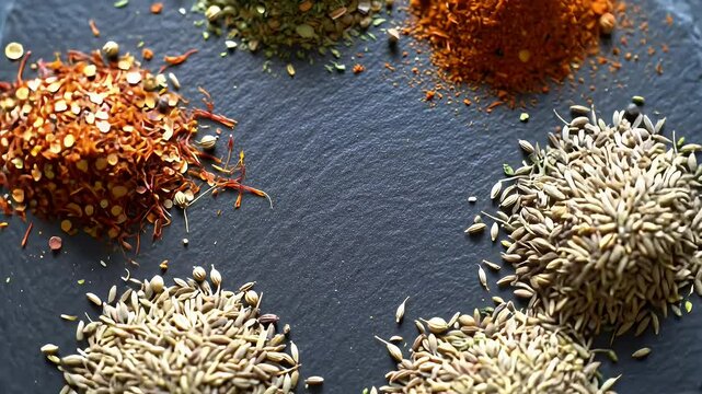 Various Dried Spices Top Down View on Dark Stone Red Pepper Herb Blend and Cumin Flavor Arranged Food Spice Culinary Herbs Seasoning Ingredient