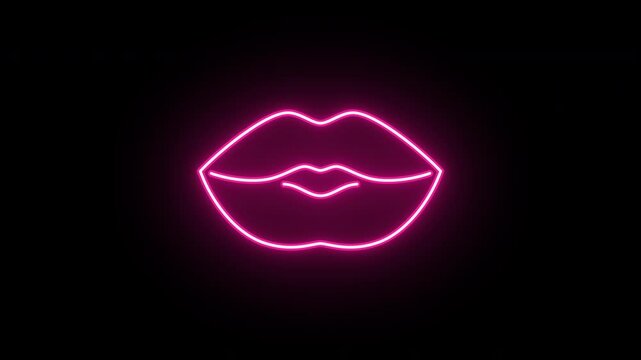 Neon lip kiss icon, flickering emergence and fading. Glowing neon juicy lips icon, looped animation. Woman kiss, female beauty, glamour lips, girl fashion, passion. Red pink magenta colors