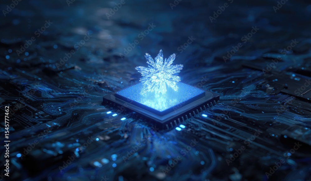 Poster glowing crystalline structure atop a computer chip, embedded within a circuit board, rendered in coo