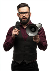 Handsome Bearded Man in Glasses Holding a Megaphone – Full-Body Portrait in Burgundy Shirt and Black Waistcoat, Happy Expression, Isolated on White Background, High-Resolution Studio Photography