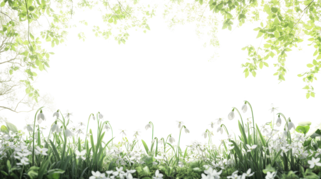 Snowdrop flowers blooming in beautiful early spring forest landscape isolated on white background
