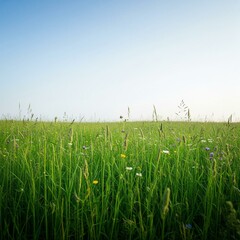 Obraz premium Meadow under a Clear Sky: A lush green meadow stretches to the horizon under a clear sky, showcasing the serenity of the countryside.