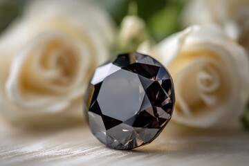 Dark gemstone resting amongst delicate white roses.