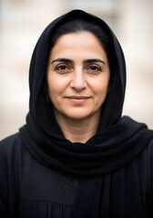 Naklejka premium Woman with a black scarf draped over her head. The woman is looking at the camera