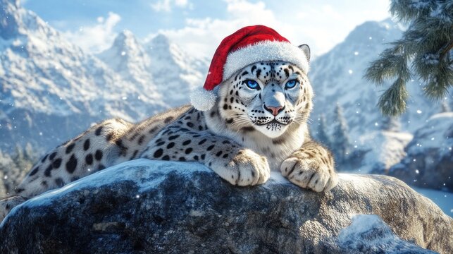 Snow leopard in santa hat winter landscape illustration