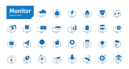 Monitor Blue Line Editable Stroke Icons Set. PC, Computer Functions, Settings, Technology, Security, Shopping, Wallet, Marketing, Promotion, Communication Collection Vector Illustration.