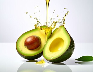 반으로 나뉘어진 아보카도와 그 위에 뿌려지는 오일 Avocado cut in half and oil sprinkled on top
