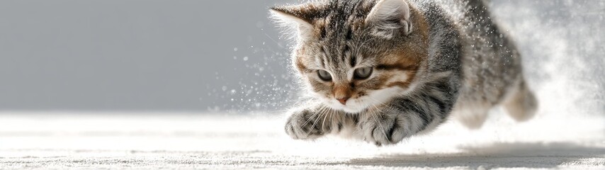 Playful Cat Leap, a whimsical illustration capturing a cat mid-jump against a transparent background, featuring a minimalist and clean design with ample free space.