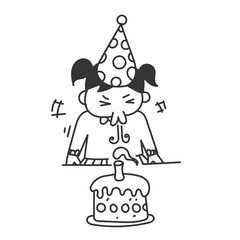 child blowing out birthday cake candles in doodle cartoon