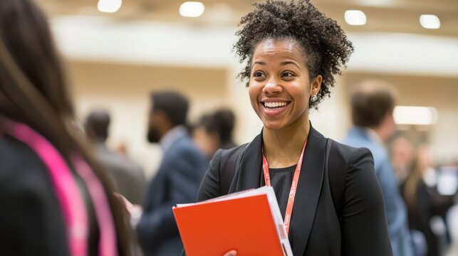 recruiter networking with job seekers at career fair booth indoors