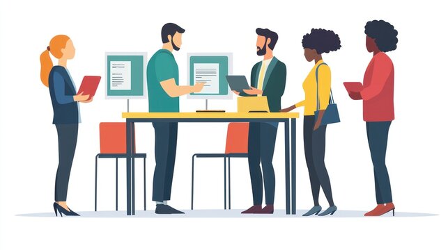 recruiter networking with job seekers at career fair booth indoors