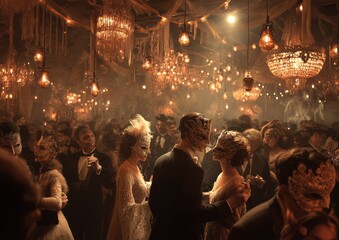 Elegant masquerade ball with ornate chandeliers and masked people in a grand ballroom