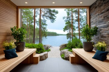 Relaxing finnish sauna overlooking beautiful lake with pine trees