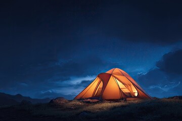 Illuminated orange tent glows warmly against a dark, star-studded night sky above a mountainous landscape