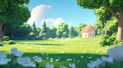 cartoon green forest house poster background
