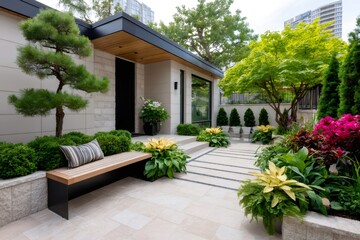 Modern house entrance with beautiful landscaping welcoming visitors