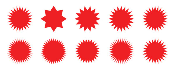 Set of vector starburst, imple flat style vintage labels, stickers. Collection star label, Starburst red sticker set - collection of special offer sale round and oval sunburst labels and buttons. 