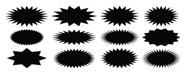 Starburst pop art edge promo black badges. Special offer price tag.  promotional badge set, shopping labels, black sticker set - collection of special offer sale round and oval sunburst labels. 
