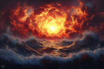 Fiery sunset over stormy sea dramatic ocean scene