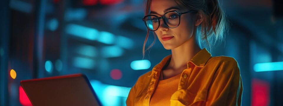 Woman using tablet digital media night city lights communication technology social media online