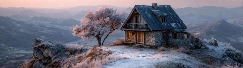 Solitary Cabin at Dusk, a wooden cabin perched on a snowy hilltop, bathed in warm sunset hues, minimalist surroundings create a serene and tranquil atmosphere.