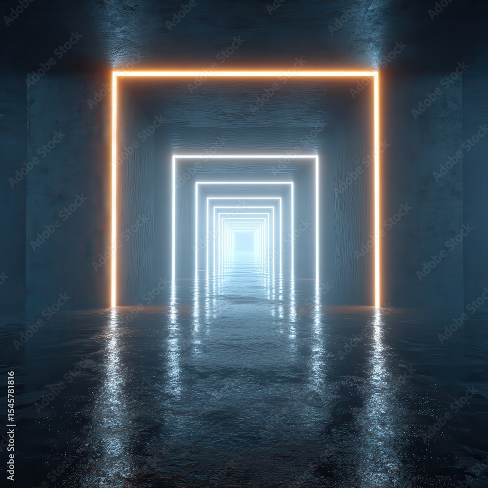 Poster illuminated corridor tunnel with light. 3d rendering.