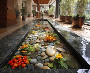 Long, rectangular water feature with smooth stones and orange flowers, set into a dark granite or marble trough in a spacious, elegant interior