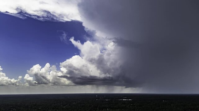 A stunning aerial timelapse capturing dark rain clouds drifting across the landscape while streaks of rain fall from the sky. 