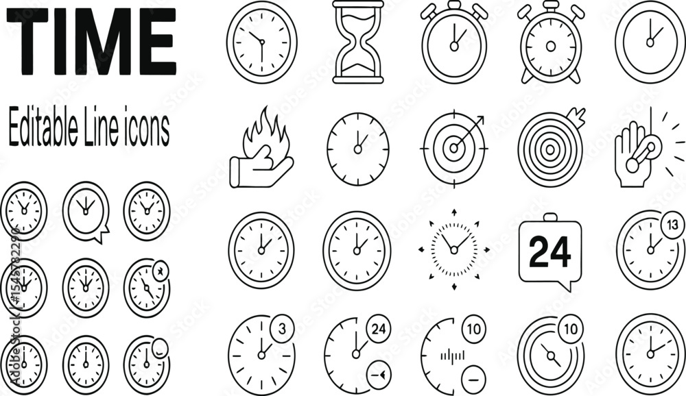 Poster high-quality editable line icons representing time management concepts including clocks, timers, and