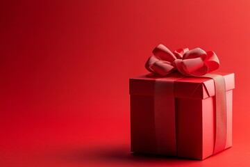 Obraz premium Red gift box with ribbon and bow on matching red background, symbolizing celebration, love, and festive occasions