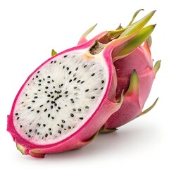 A sliced dragon fruit with vibrant pink skin and white flesh dotted with small black seeds. The fruit is fresh and ready to eat, showcasing its unique appearance.