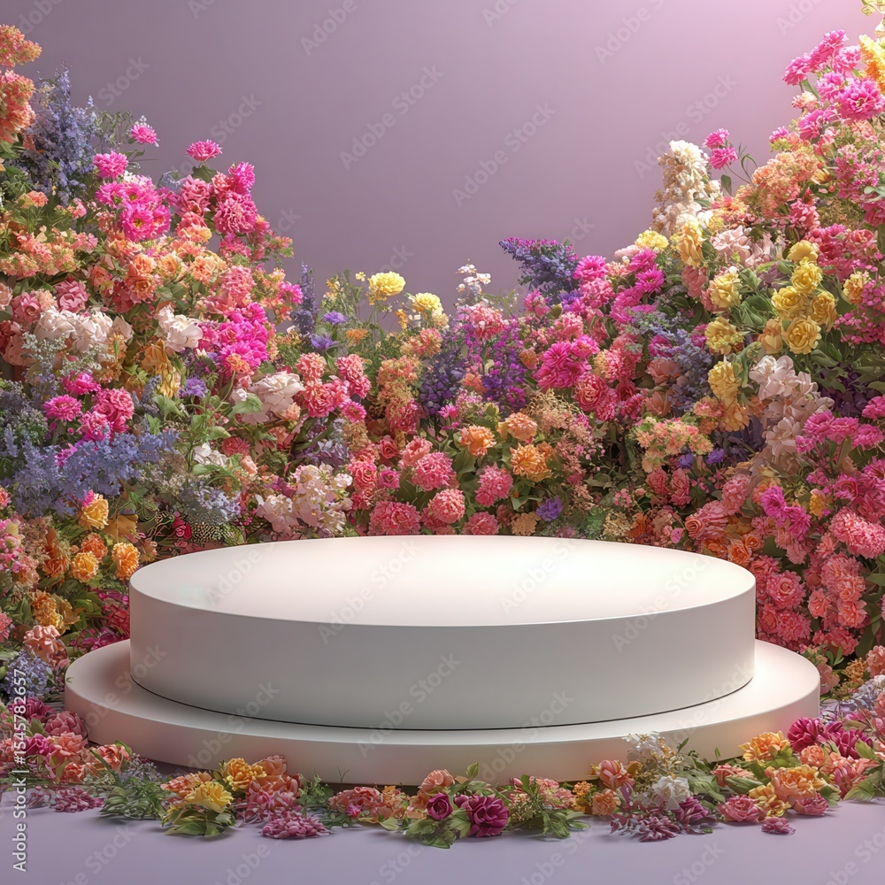 Poster 3d render platform and natural podium background on colorful flowes field for product display, blank