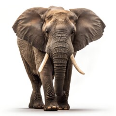 Obraz premium A large African elephant walks towards the camera. The elephant has big ears, long tusks, and a textured gray skin. It stands on a plain background.