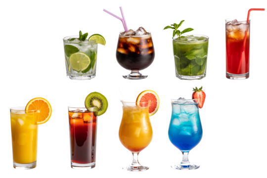 Refreshing summer cocktails collection showcasing vibrant colors and tropical fruits in elegant glassware, transparent background