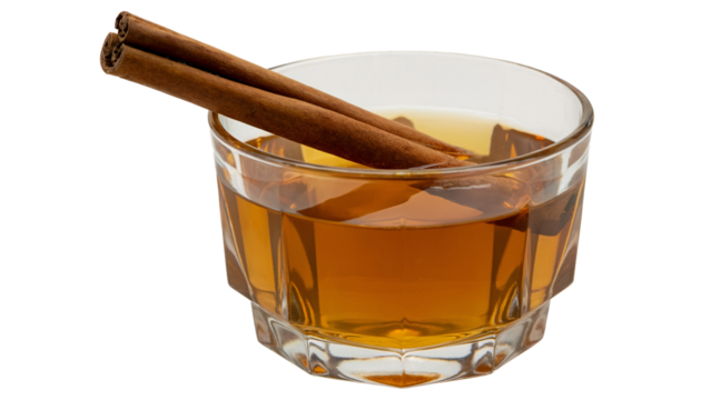 Aromatic Apple Cider Drink with Cinnamon Sticks in a Glass a Warm Autumn Beverage, transparent background