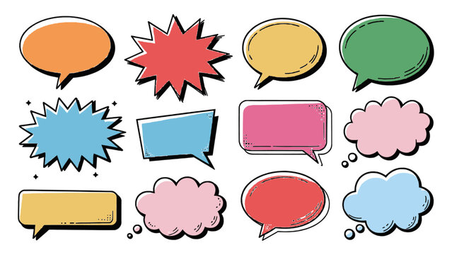 Dynamic Comic Book Style Speech Bubbles and Thought Clouds Collection with Hand-Drawn Outlines and Vibrant Colors, Ideal for Expressive Communication, Dialogue, and Creative Graphic Design Projects - Powered by Adobe