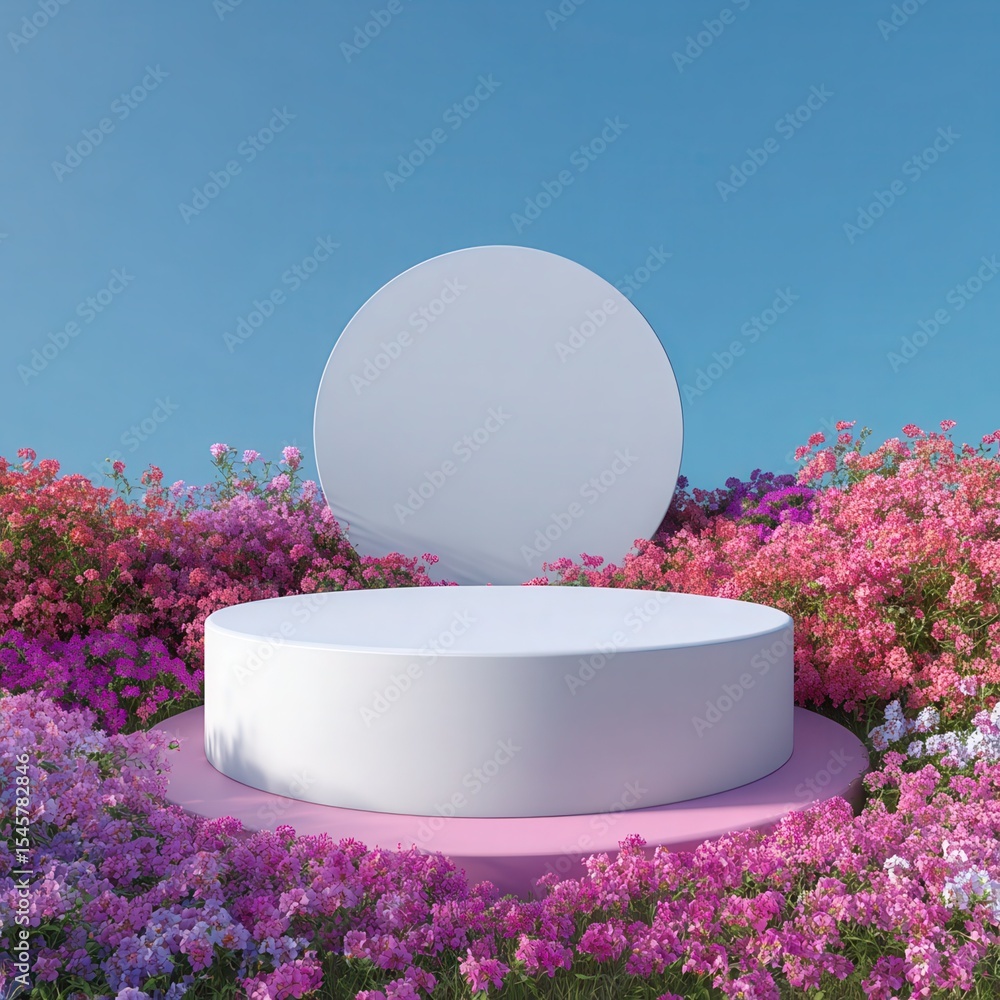 Aufkleber 3d render platform and natural podium background on colorful flowes field for product display, blank