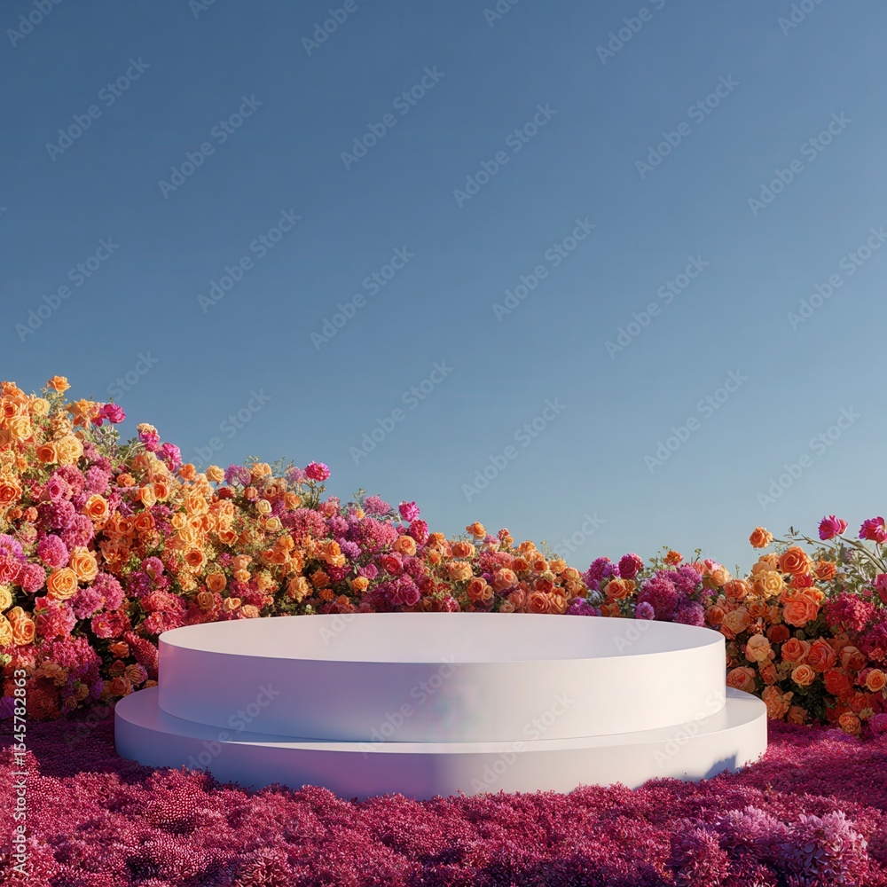 Aufkleber 3d render platform and natural podium background on colorful flowes field for product display, blank