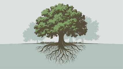 Majestic Oak Tree Illustration with Detailed Root System and Lush Green Foliage, Symbolizing Strength, Growth, Nature, Ecology, Stability, and Environmental Foundation, Ideal for Landscaping and Green