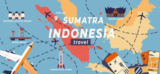 Sumatra island travel and tourism map illustration