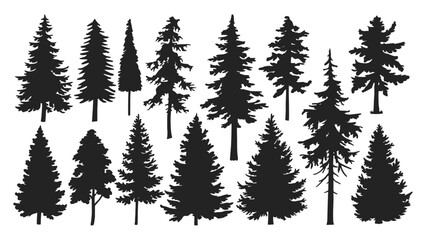 Extensive Collection of Detailed Pine and Spruce Tree Silhouettes, Ideal for Creating Realistic Forest Landscapes, Winter Scenes, Outdoor Adventure Graphics, and Nature-Themed Designs