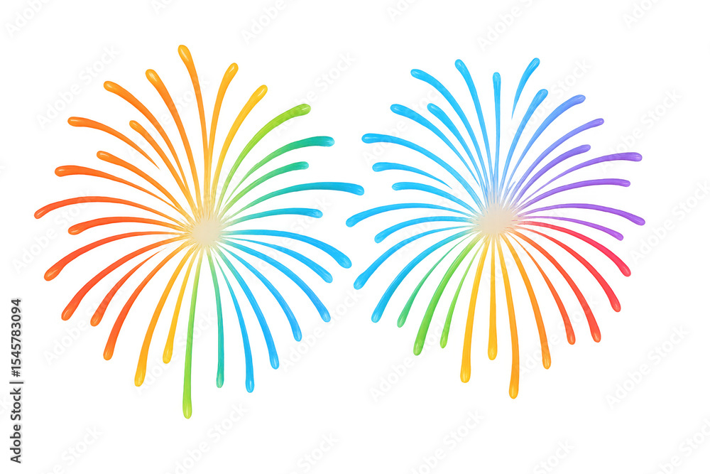 Poster two colorful fireworks exploding in a transparent background, creating a vibrant and festive display