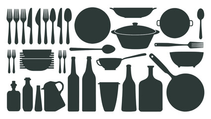 Comprehensive Kitchen and Dining Utensil Silhouettes Collection: Cutlery, Cookware, Tableware, and Bottles, Perfect for Culinary Themes, Restaurant Menus, Food Blogs, and Household Designs