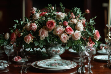 Table set with pink and white flowers, elegant place settings, soft ambient lighting creating a romantic and intimate dining atmosphere.