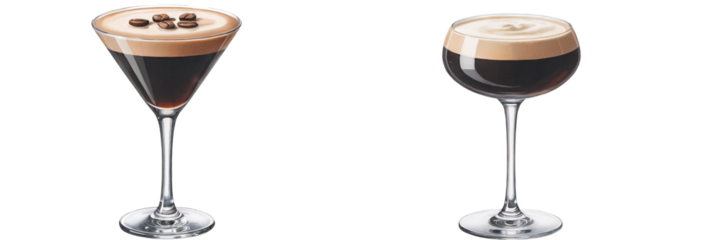 Exquisite Espresso Martini Cocktails in Elegant Glassware for Menus or Drink Recipes, transparent background