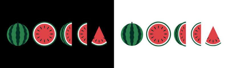 Fresh Watermelon Illustrations: Whole Fruit, Half Slices, and Triangular Cuts, Perfect for Summer Themes, Healthy Eating Concepts, Food Packaging, and Refreshing Beverage Advertisements