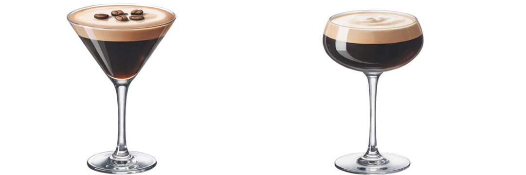 Exquisite Espresso Martini Cocktails in Elegant Glassware for Menus or Drink Recipes, transparent background